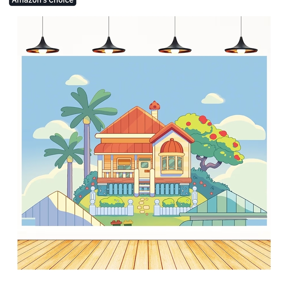 Colorful Cartoon Beach House Wall Mural - Blue & Orange